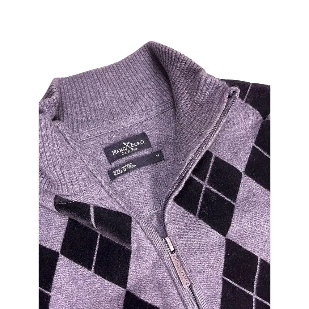 Y2K Emo Skater Zip Up Sweater Marc Ecko Cut & Sew Argyle Alternative Mens Medium